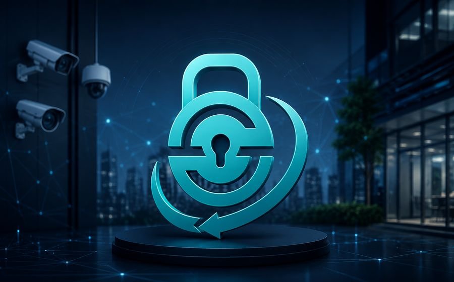 Loxit Security System brand emblem with CCTV cameras and city skyline