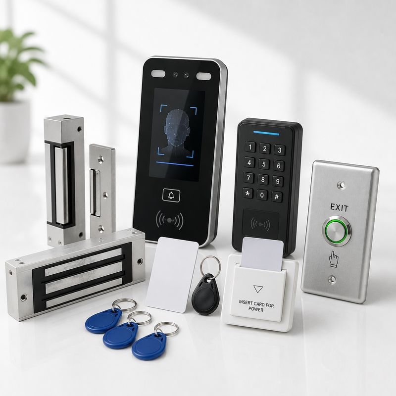 Access control kit: face recognition reader, keypad, EM lock, exit switch and RFID fobs from Loxit