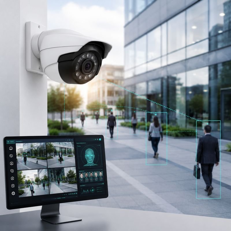 AI CCTV camera with people detection overlays and monitoring screen by Loxit