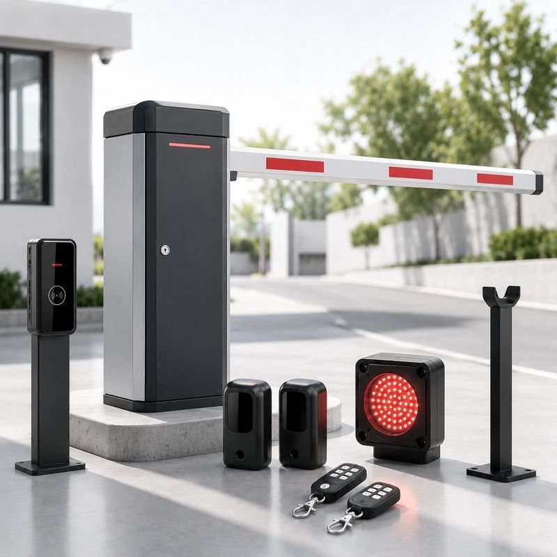 Automatic boom barrier with RFID reader, safety sensors, signal light and remotes from Loxit