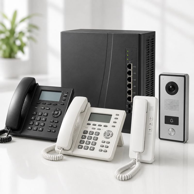 EPABX unit with desk phones, intercom handset and door station from Loxit