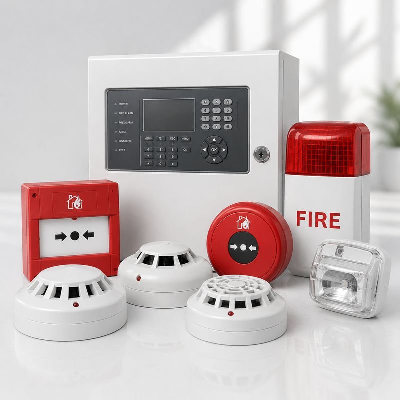 Fire alarm panel with smoke detectors, call points and hooters from Loxit