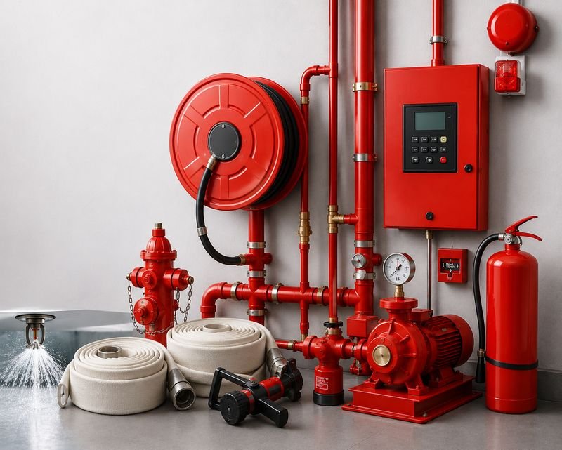 Fire fighting system: hydrant, hose reel, sprinkler, pump and extinguisher installed by Loxit