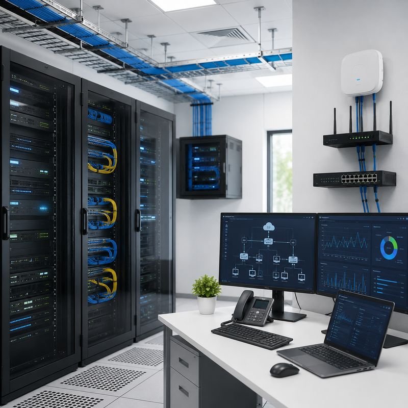 Server room with network racks, WiFi and monitoring built by Loxit
