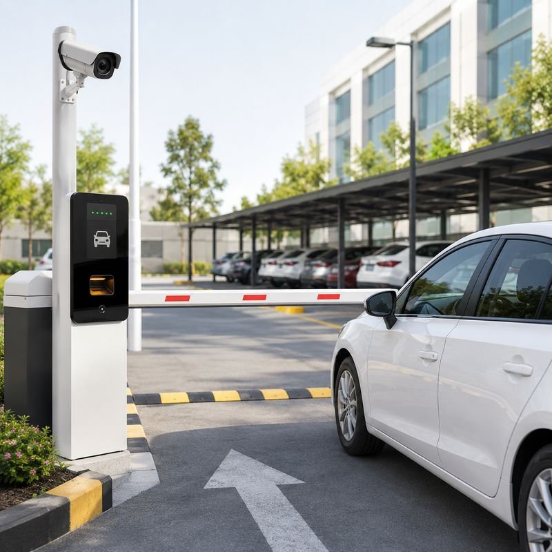 Automated parking entry with boom barrier and RFID reader installed by Loxit