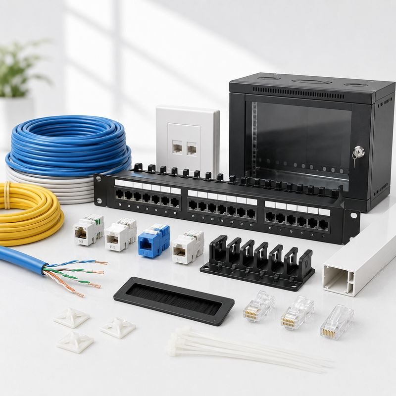 Structured cabling components: Cat6 cable, patch panel, keystones and rack from Loxit