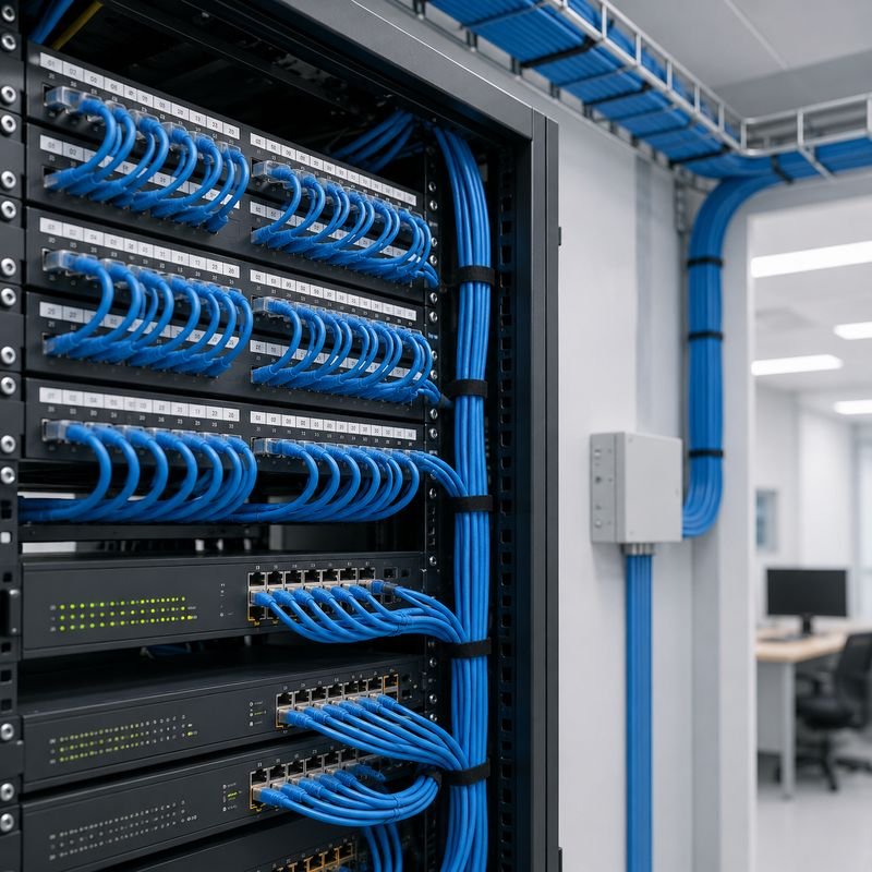 Dressed network rack with labelled Cat6 structured cabling by Loxit