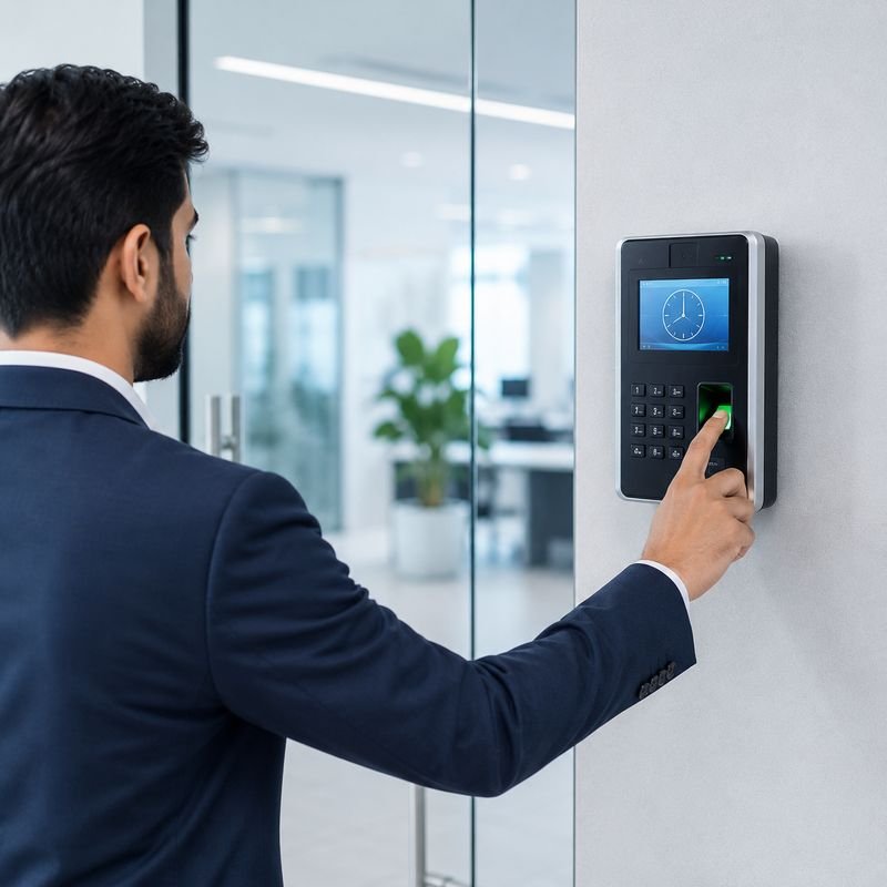 Employee using biometric fingerprint time attendance system installed by Loxit