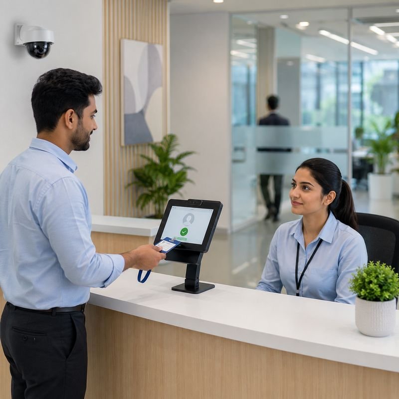 Visitor check-in at reception using digital visitor management system by Loxit