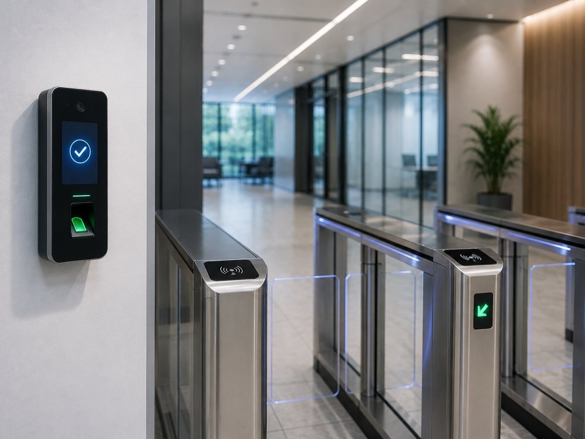 Biometric and face-recognition door reader beside a speed-gate lane in an office lobby
