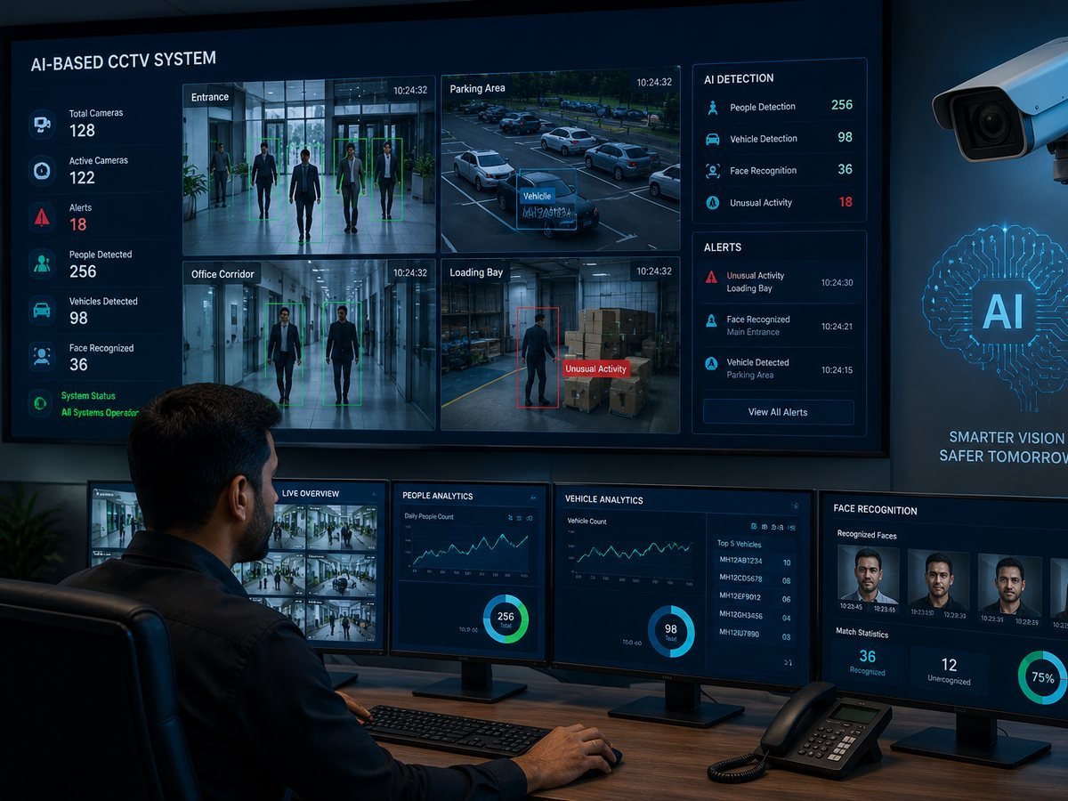 AI-based CCTV control room with live detection overlays, people and vehicle analytics and face recognition dashboards