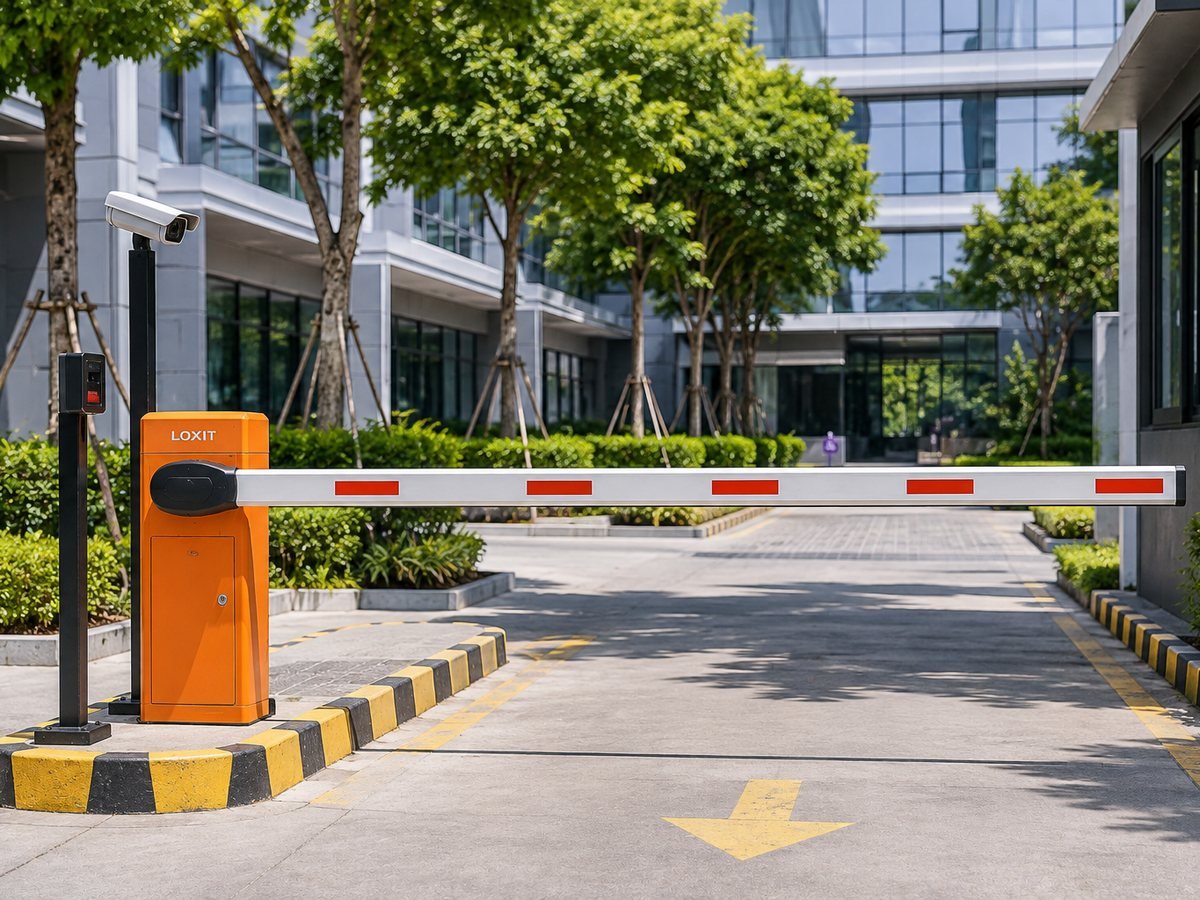 Automatic boom barrier installed at a commercial entry gate