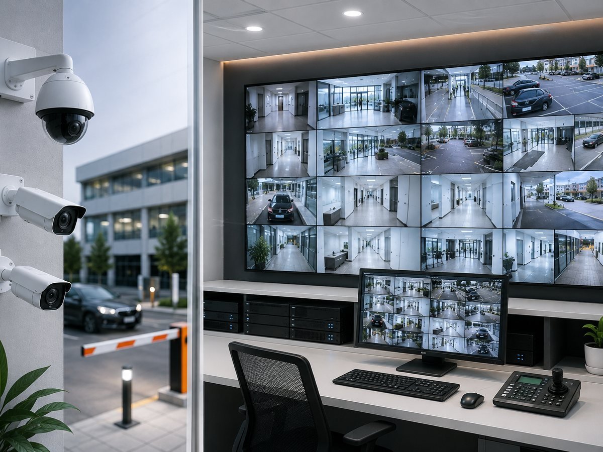 Installed dome and bullet CCTV cameras with an NVR monitoring wall in a control room