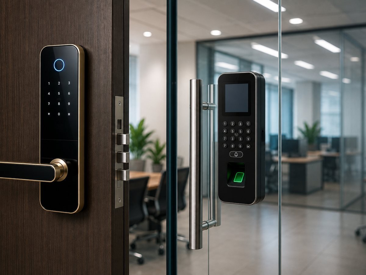 Smart digital door lock on a main door and a biometric reader on an office glass door