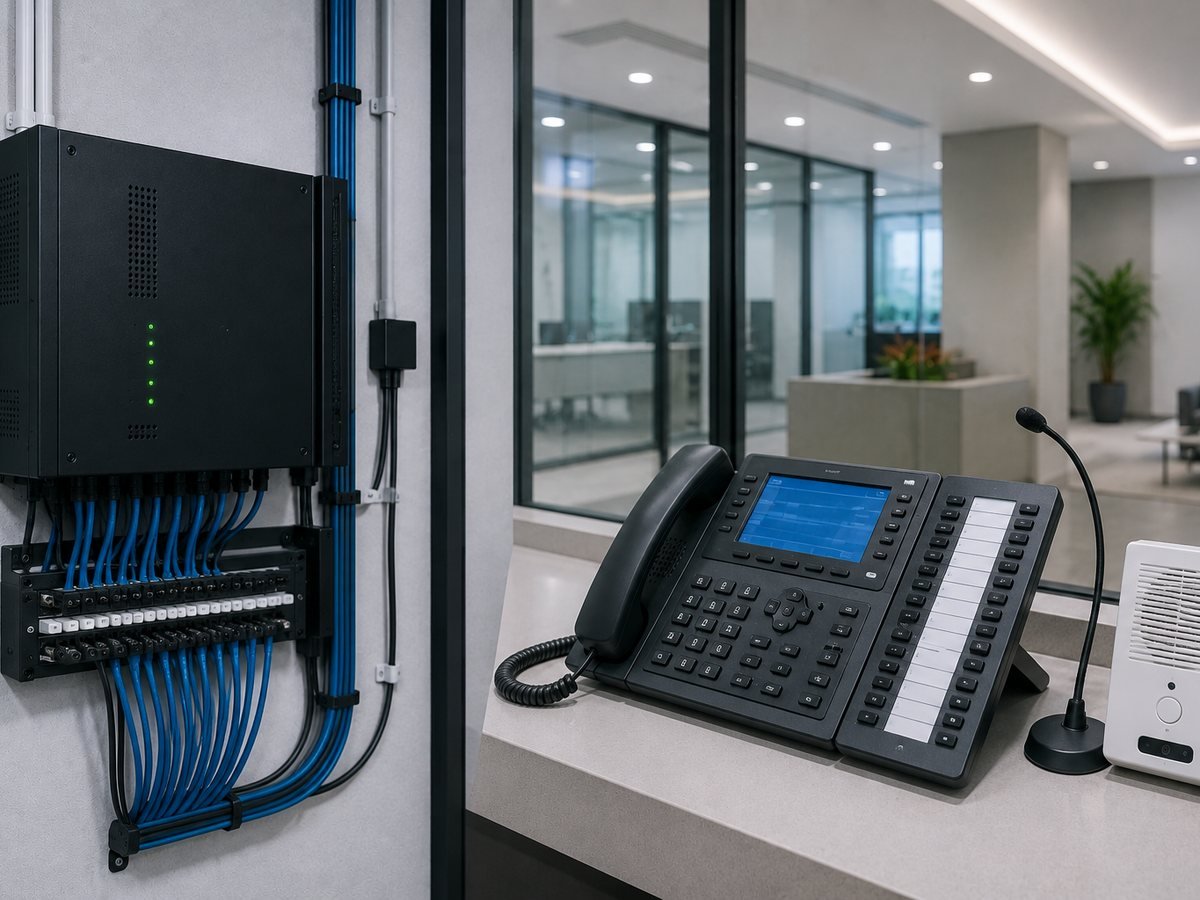 Wall-mounted EPABX unit with structured wiring and an operator console telephone