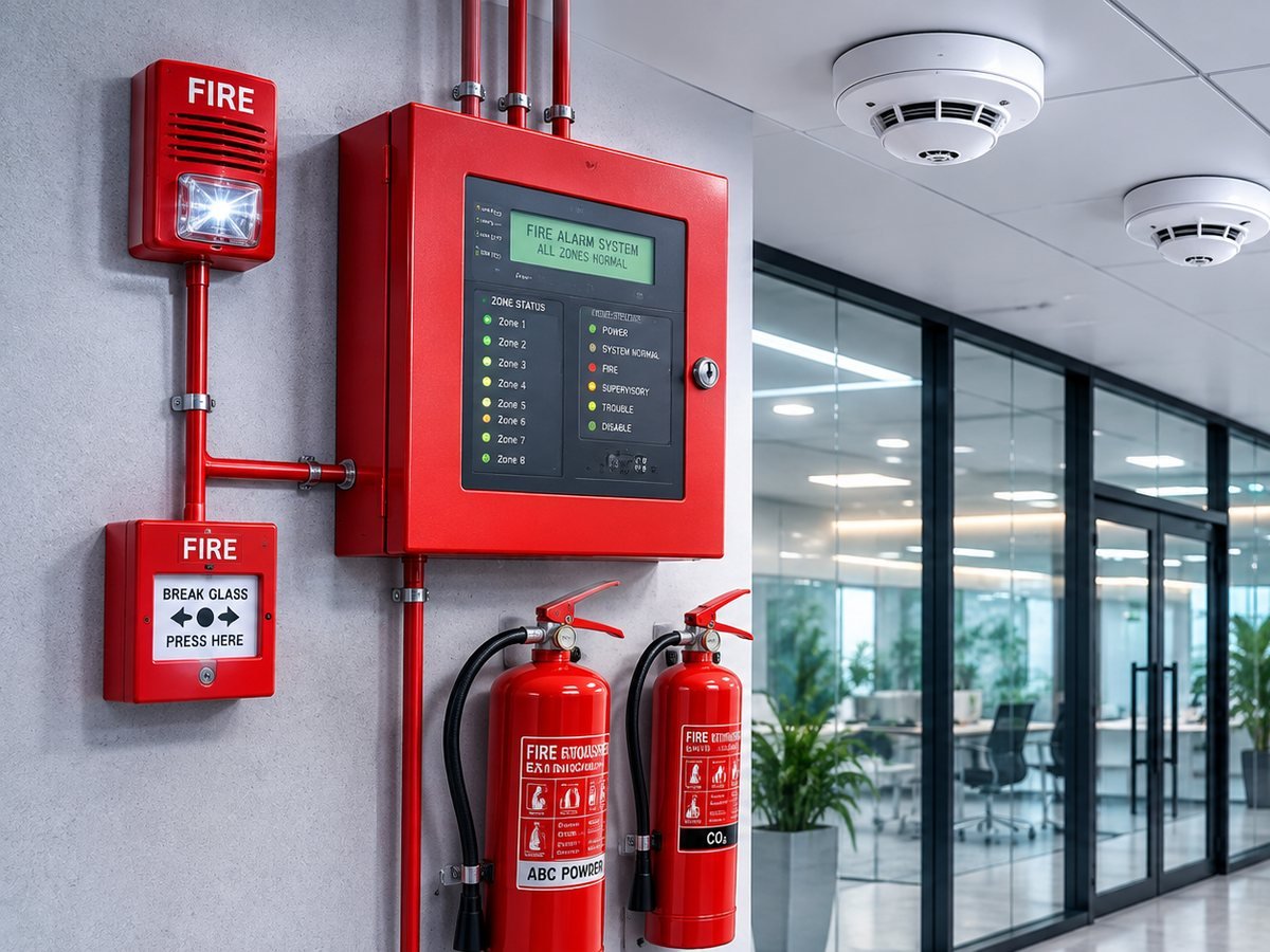 Addressable fire alarm panel with smoke detectors, manual call point and extinguishers