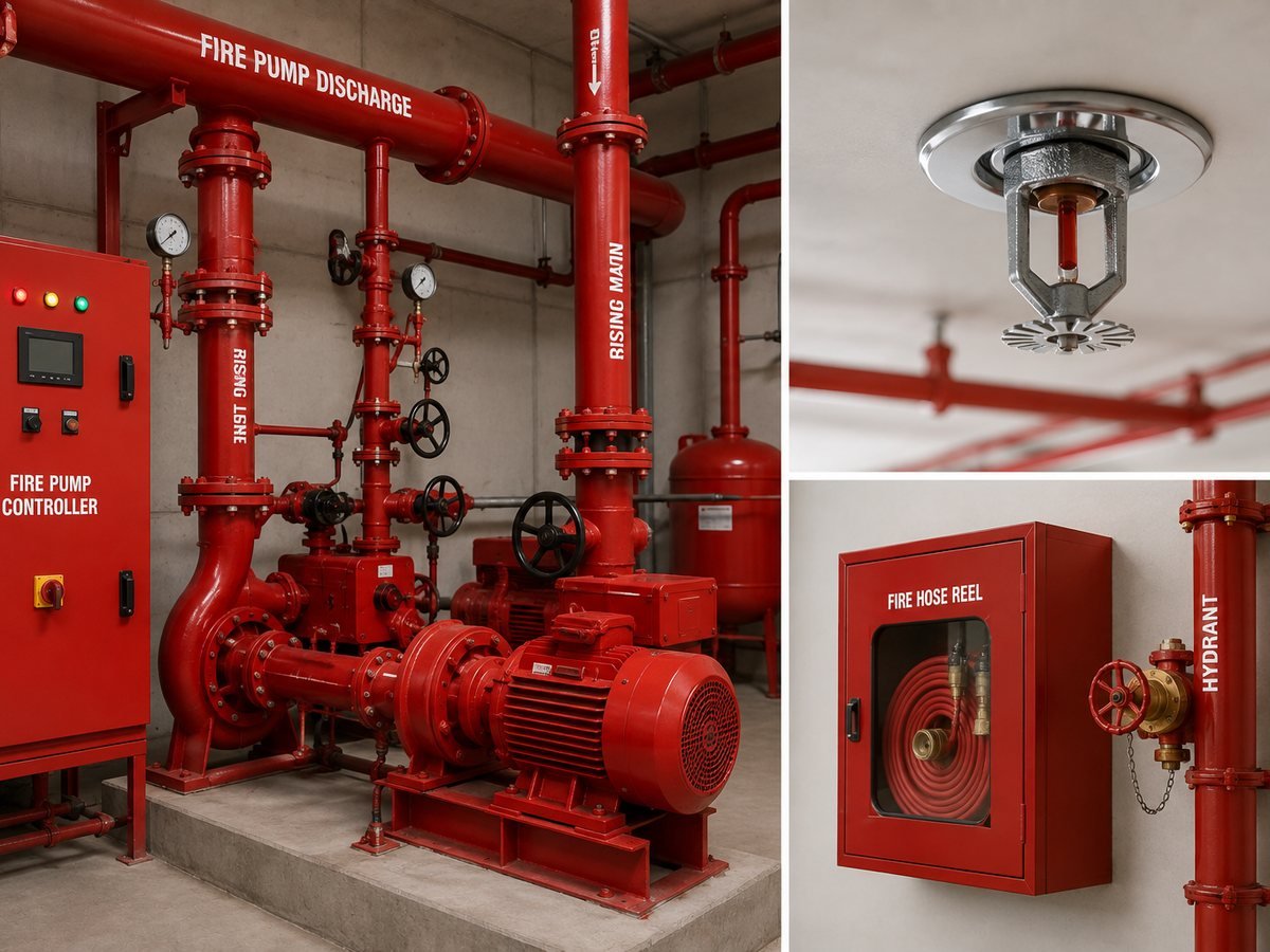 Fire pump room with hydrant piping, sprinkler head and hose reel cabinet