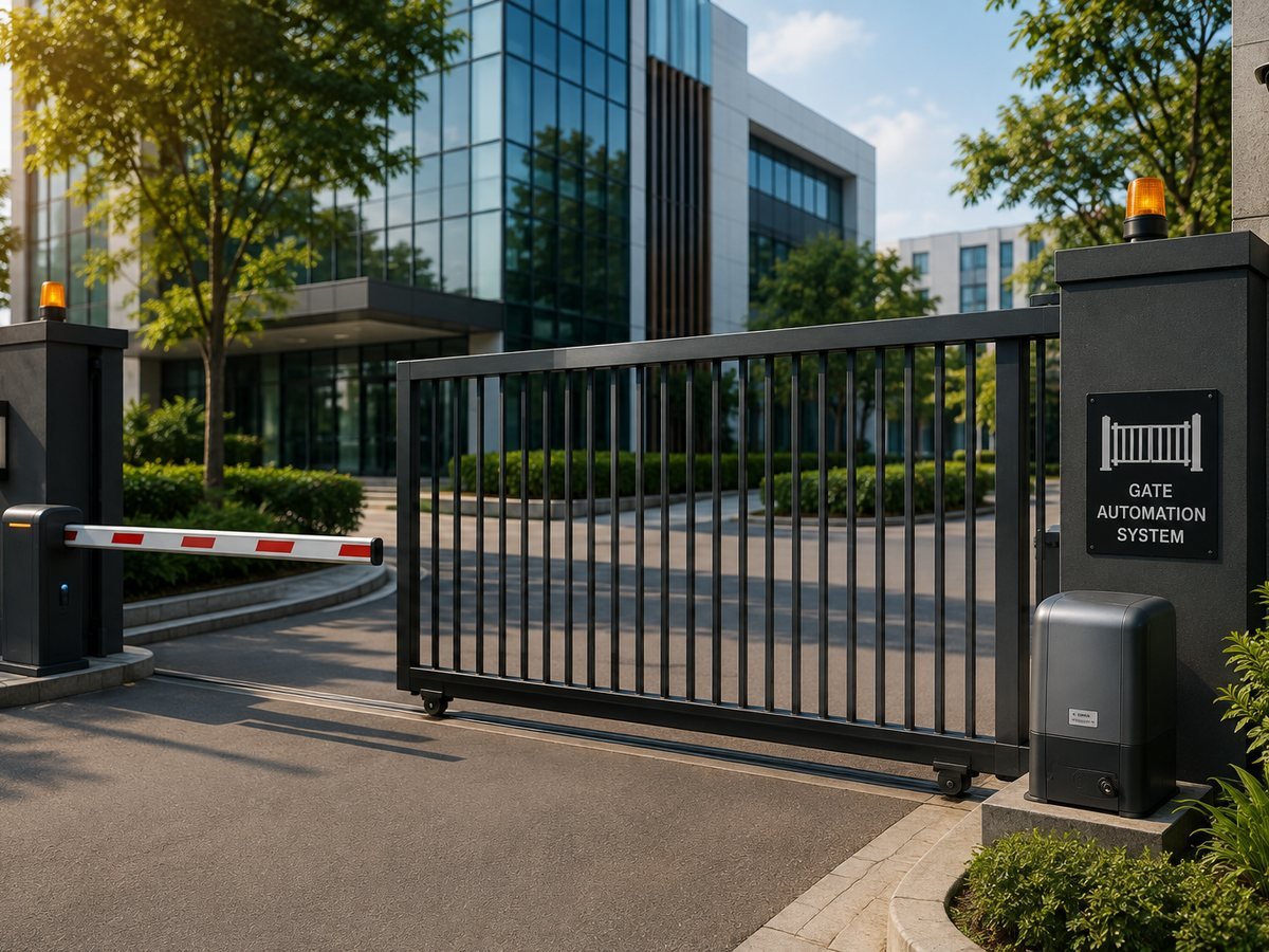 Automated sliding gate with boom barrier and gate motor installed at a corporate entrance