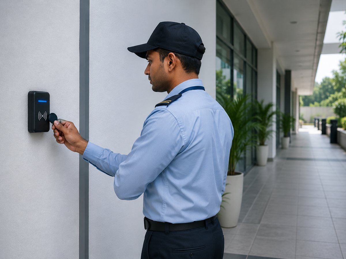 Security guard scanning an RFID checkpoint during a patrol round