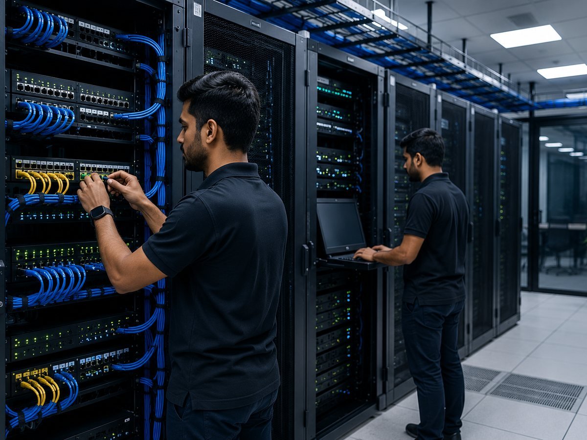 Loxit engineers installing and patching network racks in a client server room