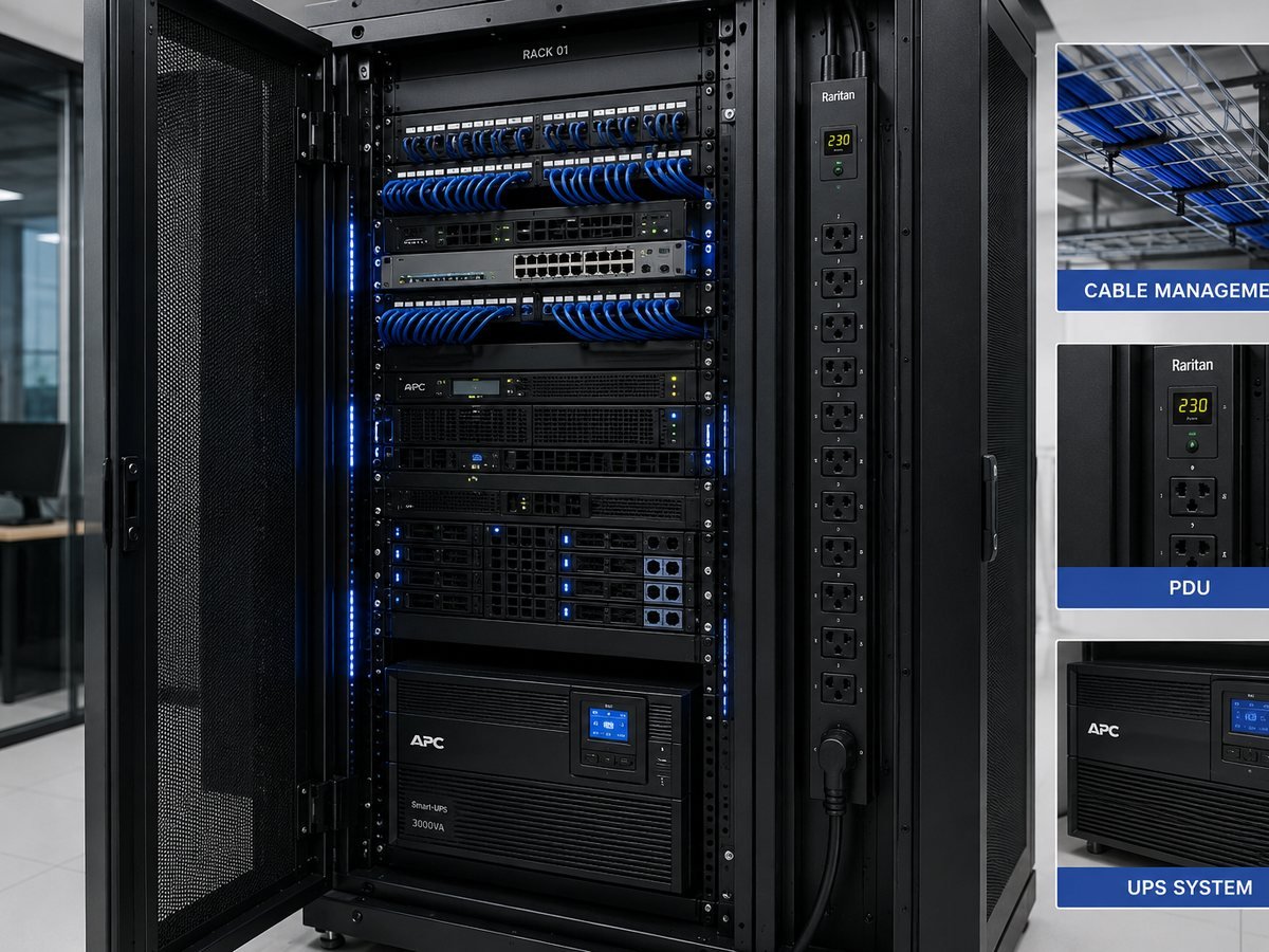 Dressed server rack with UPS, PDU and organised cable management