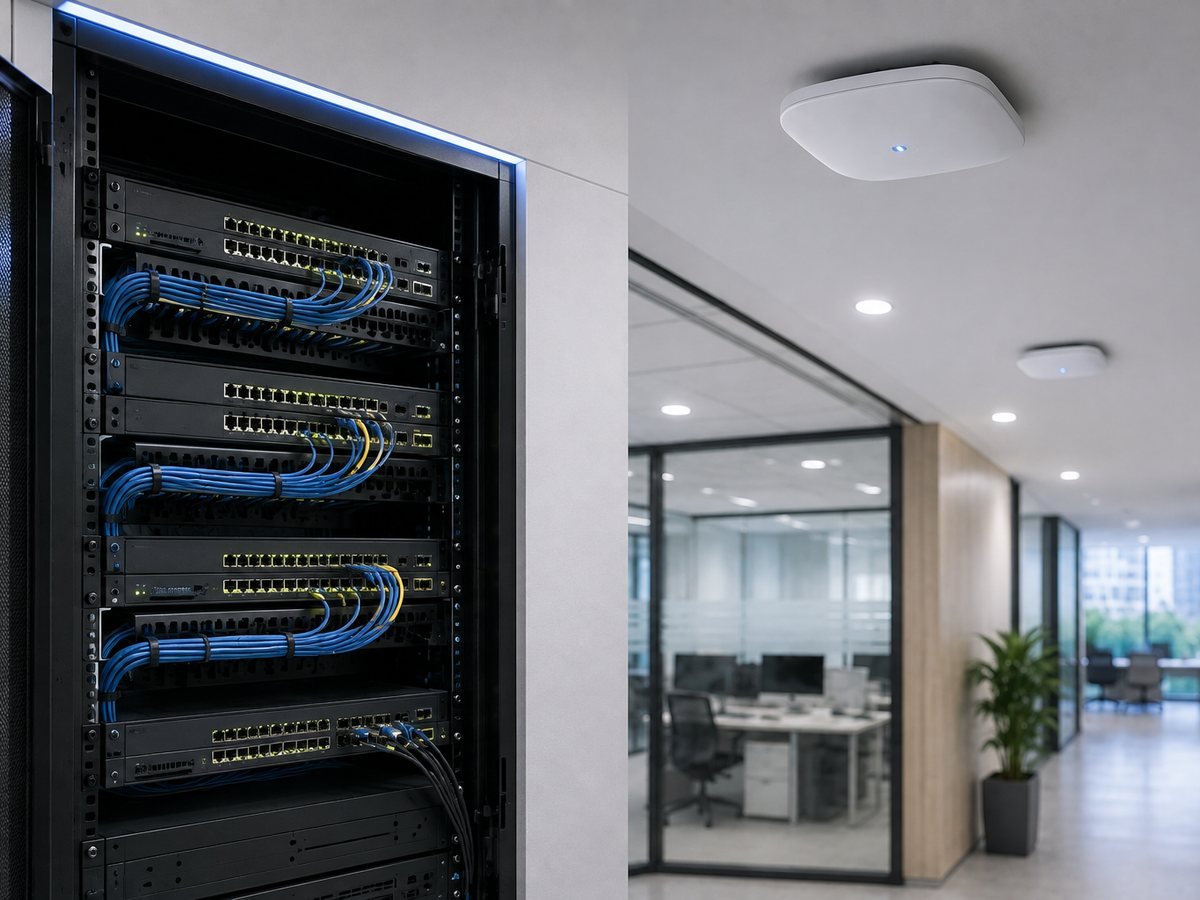 Installed switch stack in a network rack with a ceiling-mounted wireless access point
