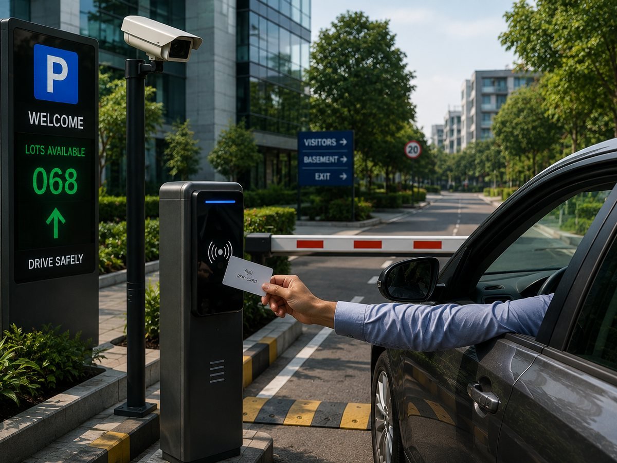 Driver presenting an RFID card at a parking entry lane with boom barrier and live slot-availability display