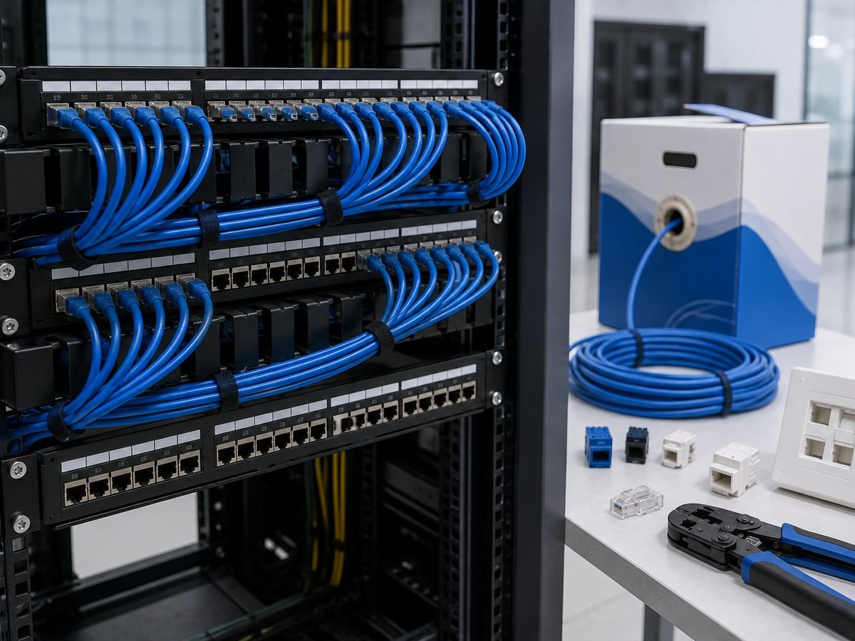 Patch panel terminations with Cat6 cable box, keystone jacks, face plates and crimping tools