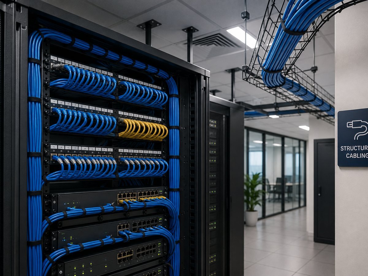 Dressed network rack with labelled patch panels, Cat6 cabling and overhead cable tray at a Loxit site