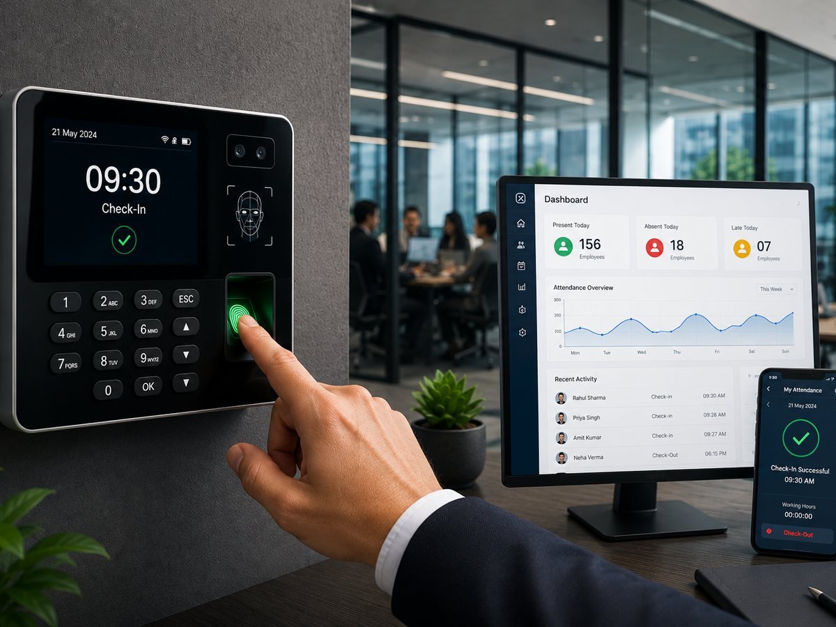 Biometric attendance device at a Loxit client site, with the attendance dashboard and mobile check-in app