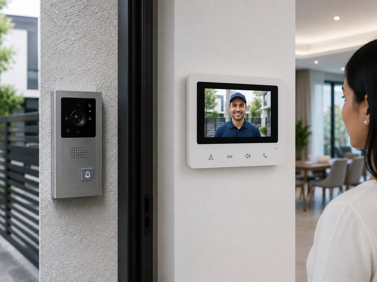 Video door phone outdoor station at a gate with the indoor monitor showing the visitor