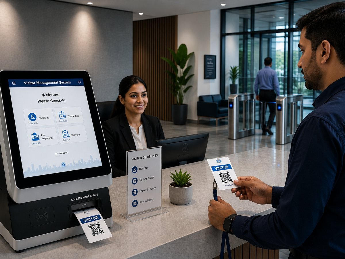 Visitor checking in at a reception kiosk with badge printing, alongside speed gates and a receptionist